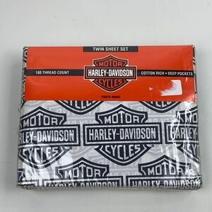 Harley-Davidson Logo Twin Sheet Set Black White orange 180 count Flame rider NWT